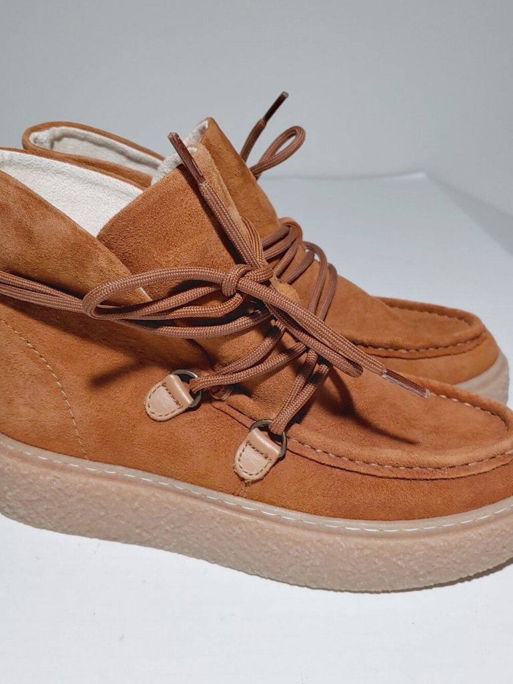 Hush Puppies Bridget Chukka Lace Up Suede Ankle Booties Sz 6W Cognac Brown